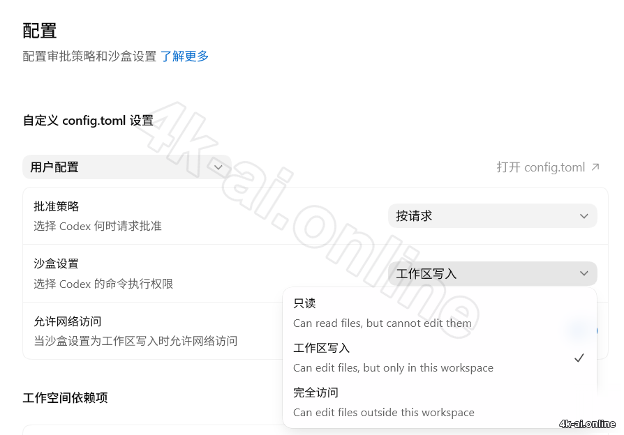 Codex 配置中的沙盒设置选项